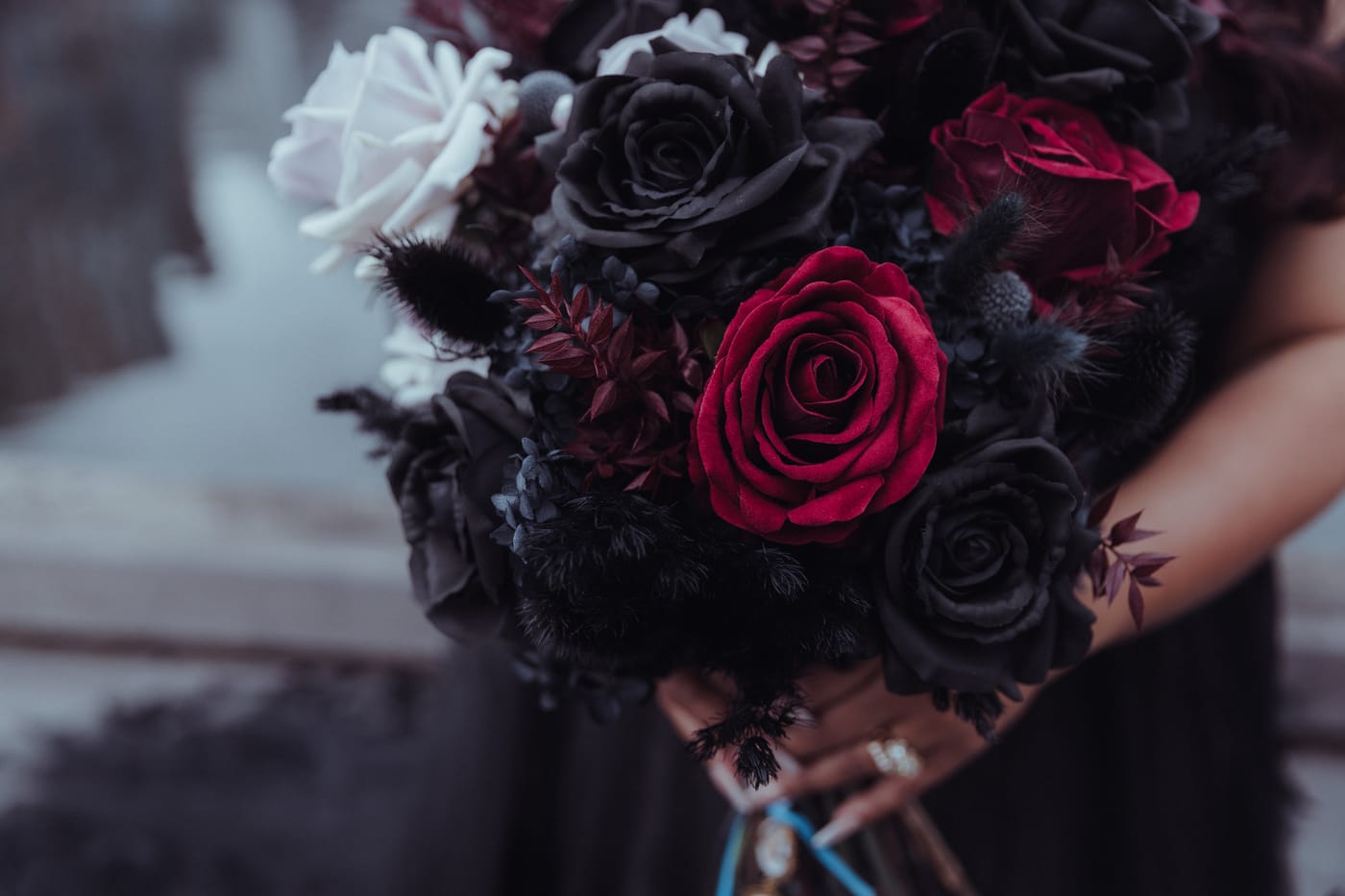 Dark romantic black and red rose bridal bouquet by Megan, Elder Emo Weddings