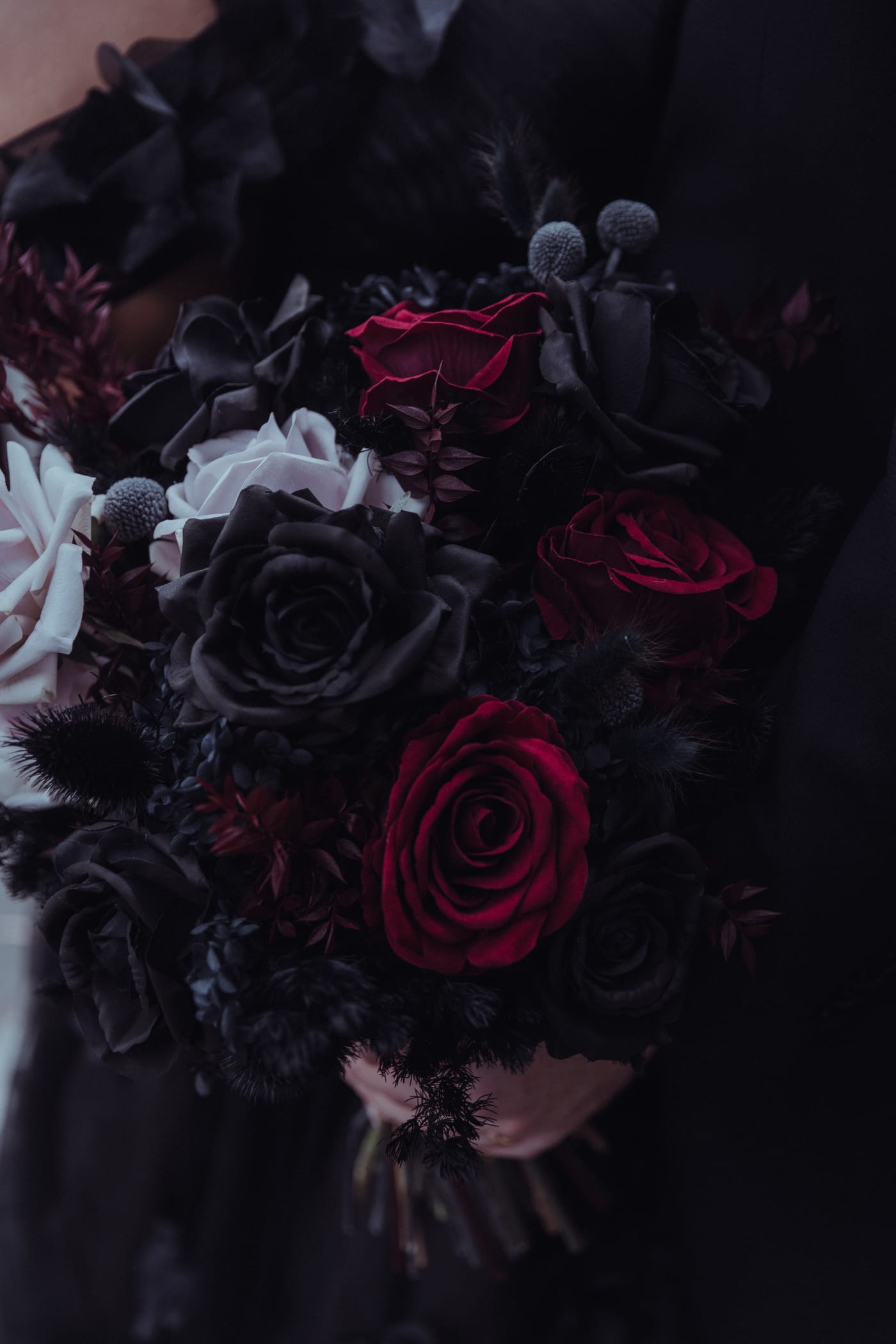 Dark red and black rose wedding bouquet by Megan, Elder Emo Weddings