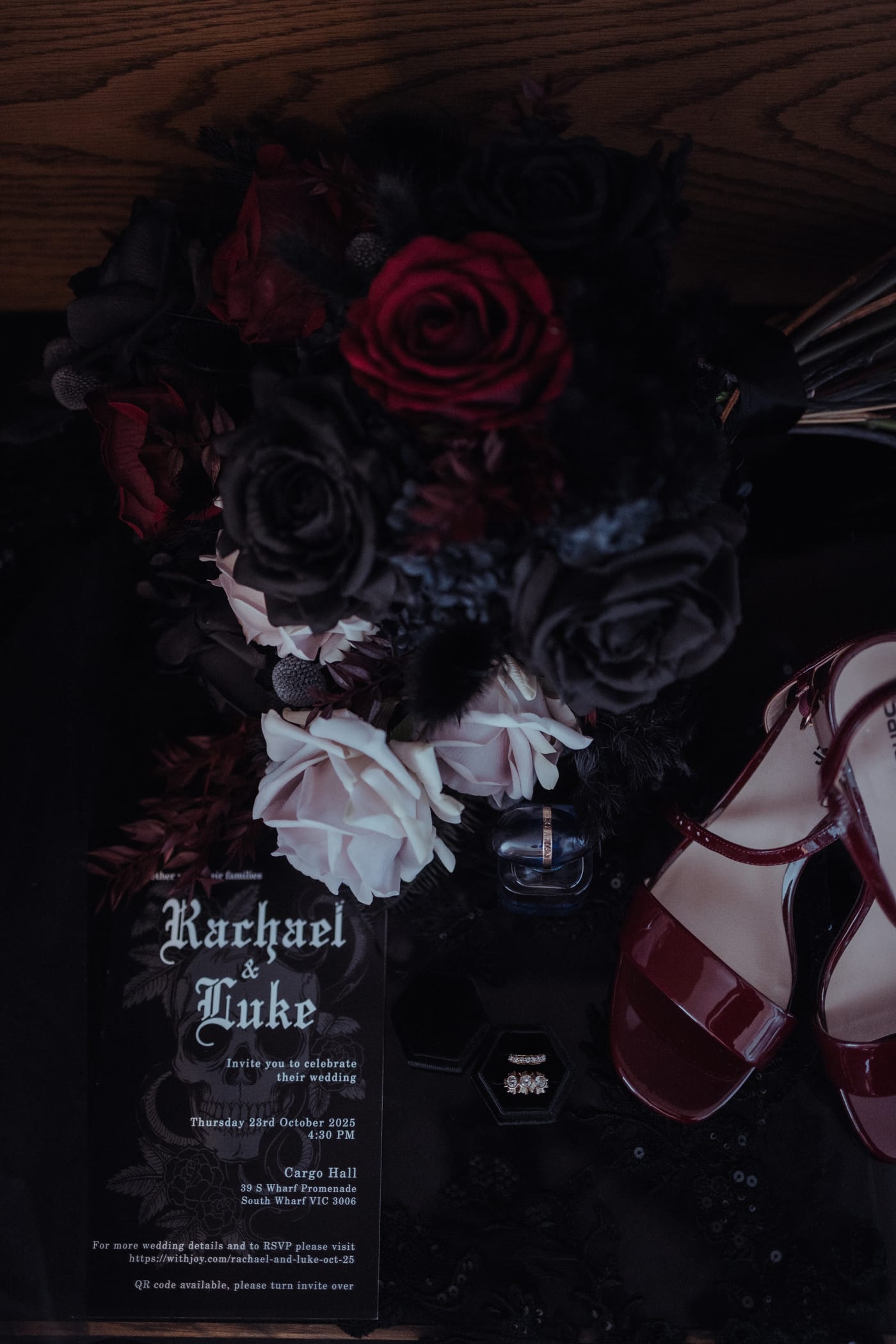 Dark wedding floral detail and stationery styled by Megan, Elder Emo Weddings